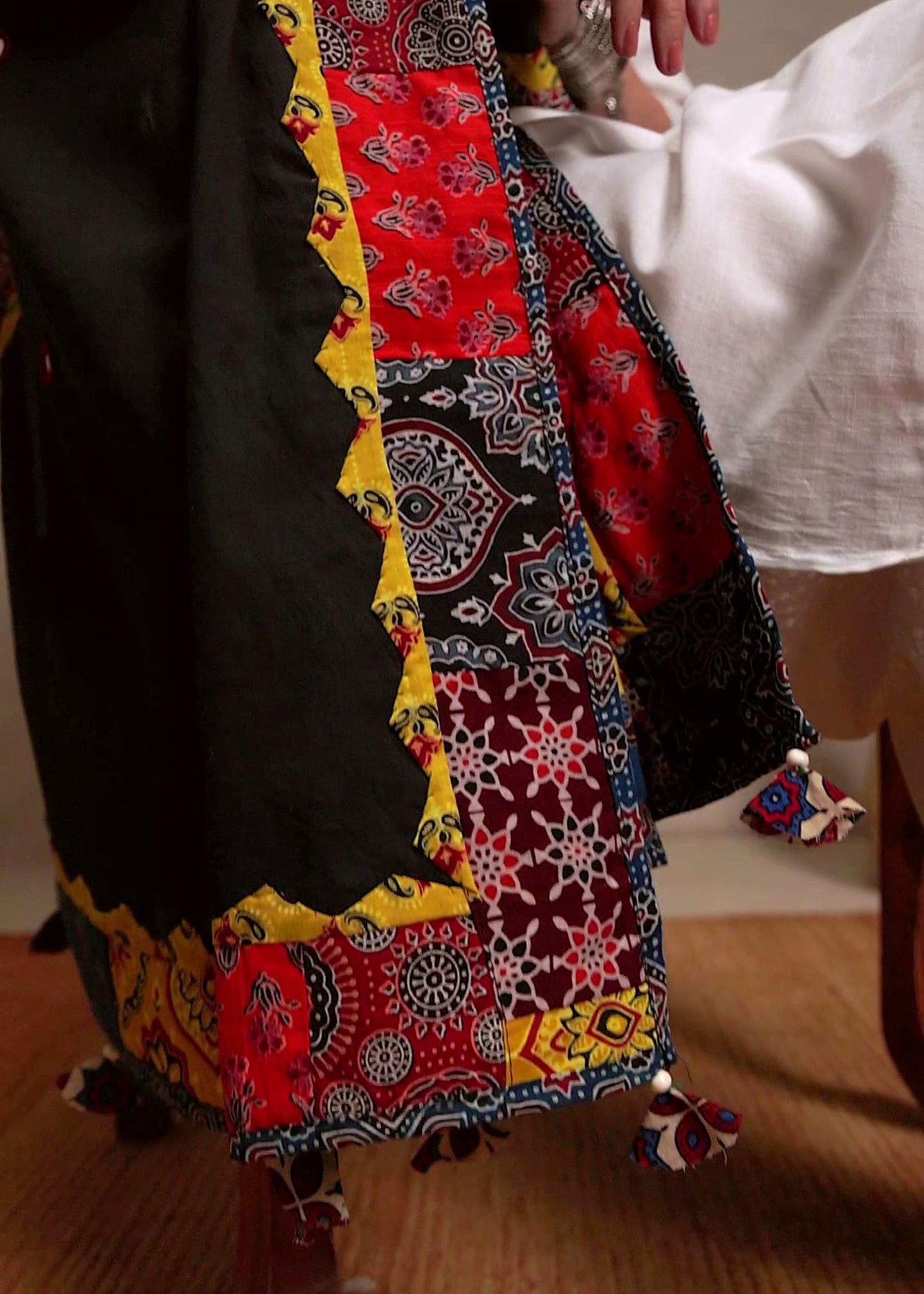 Ajrakh Applique & Kantha Embroidered Dupatta ~ Raven Black & Yellow