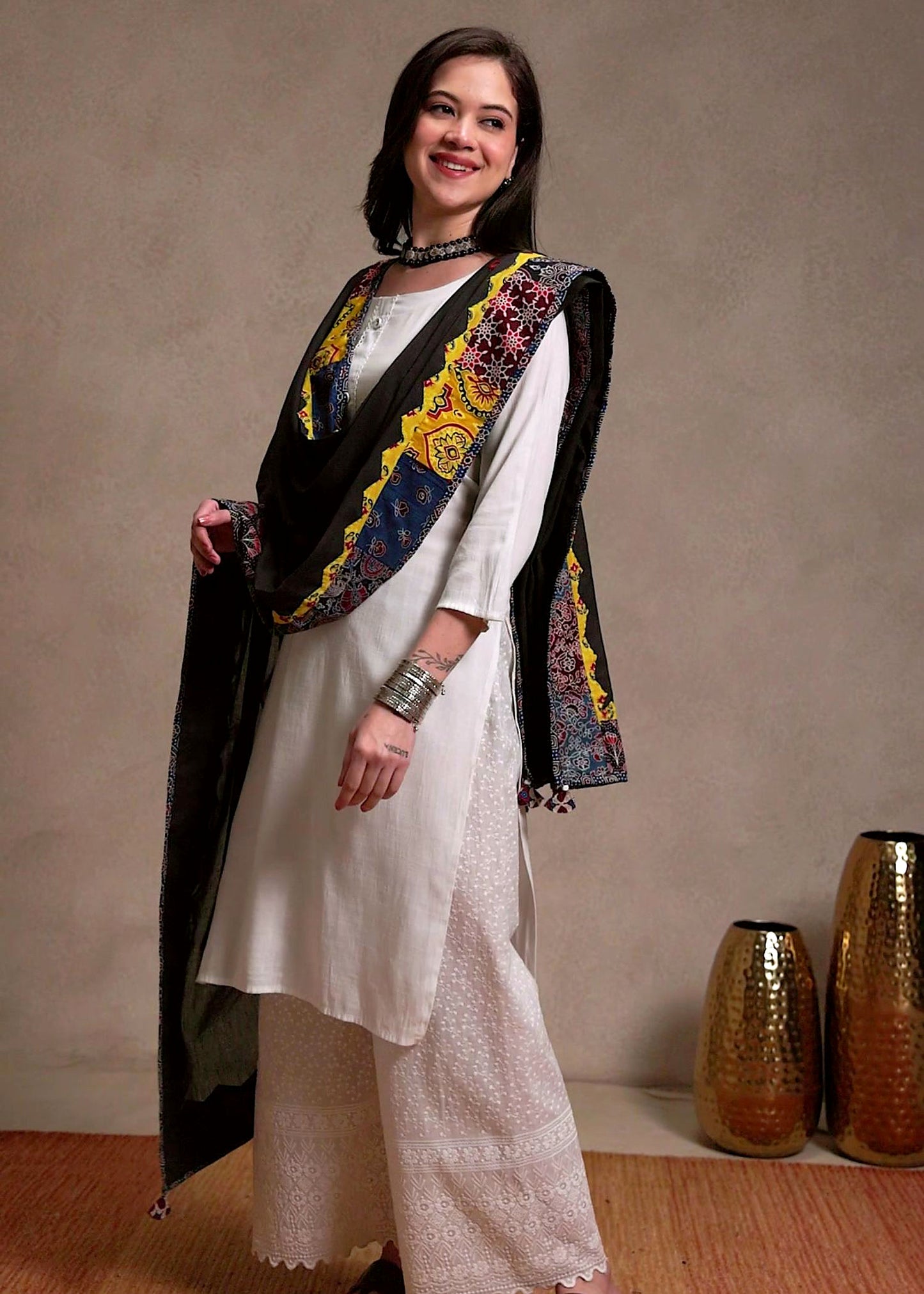 Ajrakh Applique & Kantha Embroidered Dupatta ~ Raven Black & Yellow