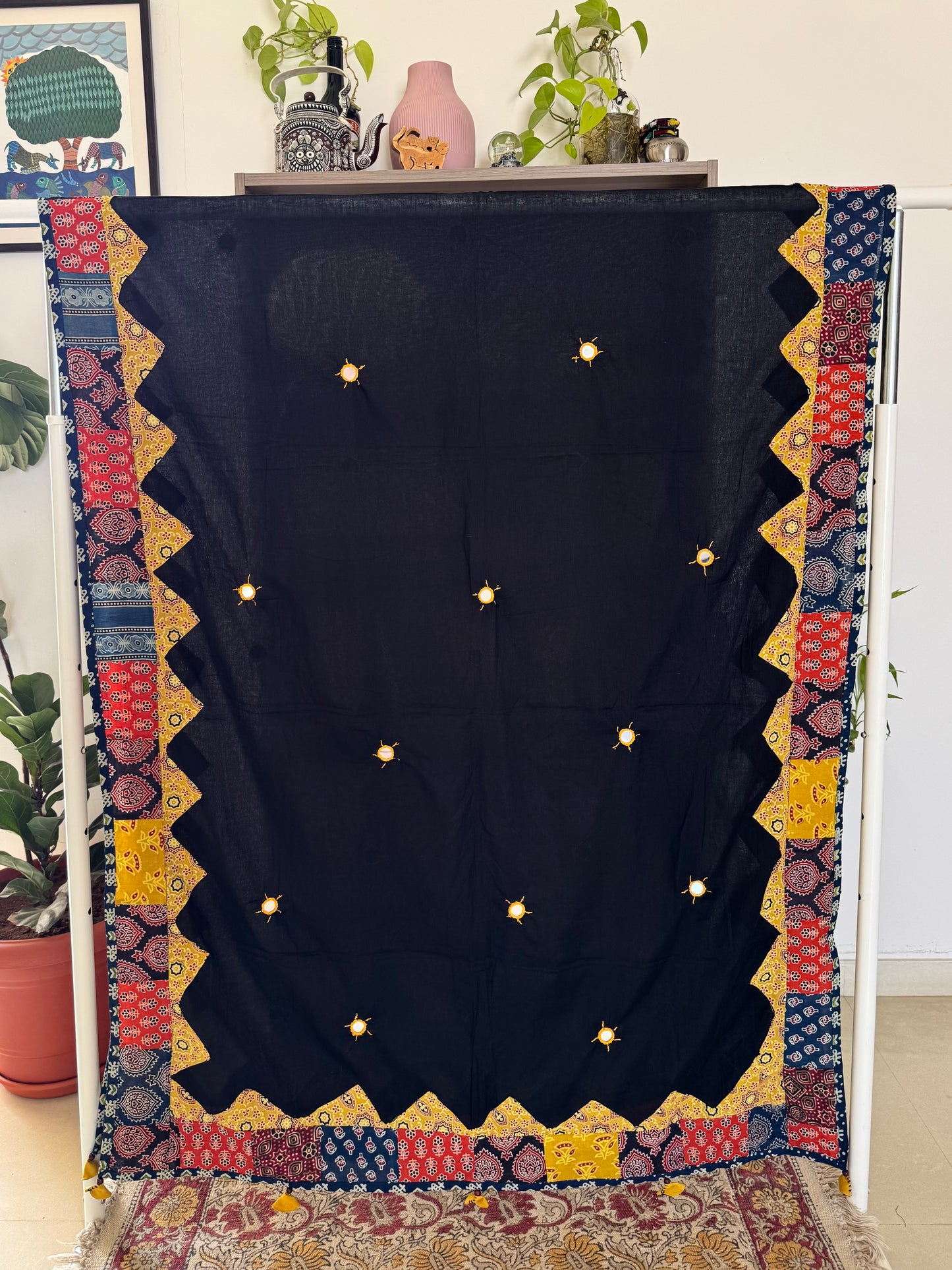 Ajrakh Applique & Kantha Embroidered Dupatta ~ Raven Black & Yellow