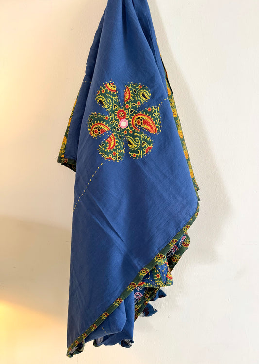 Ajrakh Applique & Kantha Embroidered Dupatta ~ Navy Blue w/ Green Flowers