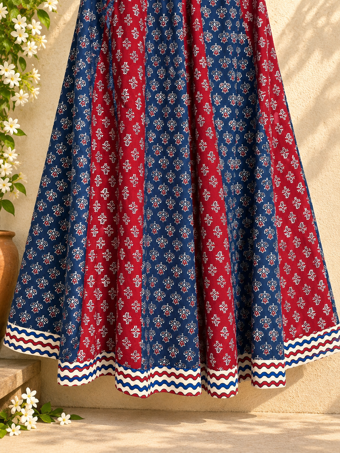 🌻 Navrang ~ Ajrakh Long Skirt ~ Multicolor w/ Zigzag Border