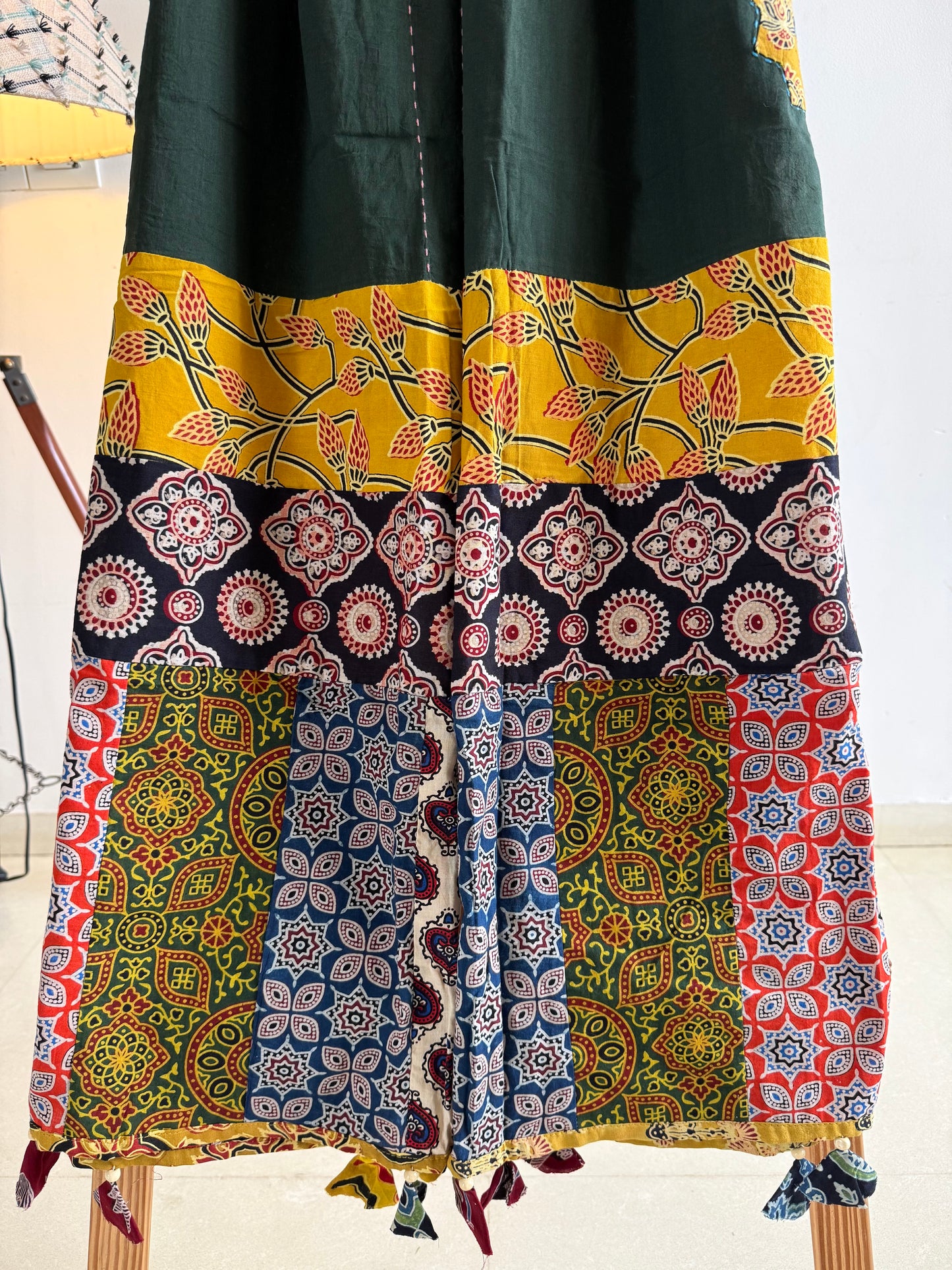 𓂃ོ⋆☀︎𓂃ᨒོ Ajrakh, Applique & Kantha Embroidered Dupatta ~ Olive Green w/ Yellow Flowers 𑁍ࠬ