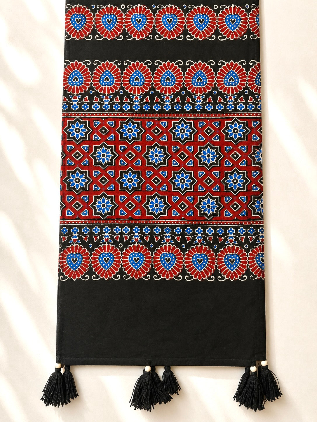 Raahi🌻Ajrakh Cotton Stoles ~ black and metallic blue w/ star motifs