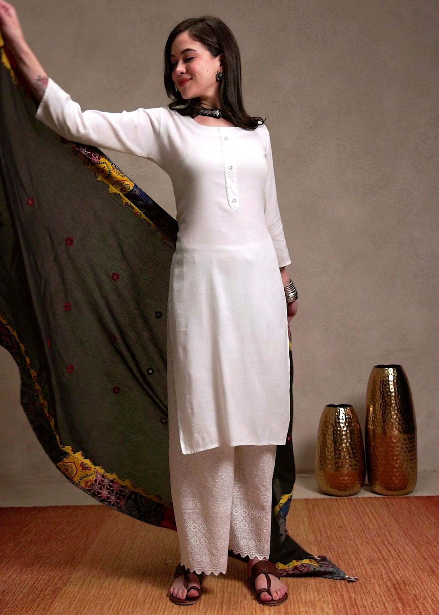 Ajrakh Applique & Kantha Embroidered Dupatta ~ Raven Black & Yellow