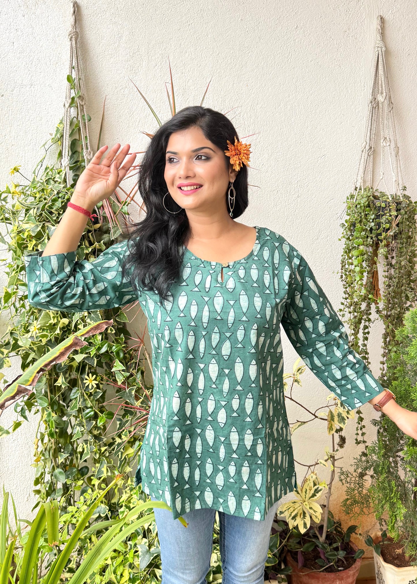 Fish ~ Turquoise Handblock Kurti
