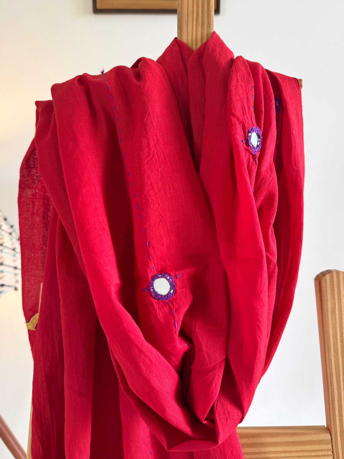 Ajrakh Applique & Kantha Embroidered Dupatta ~ Cherry Red w/ Yellow Work