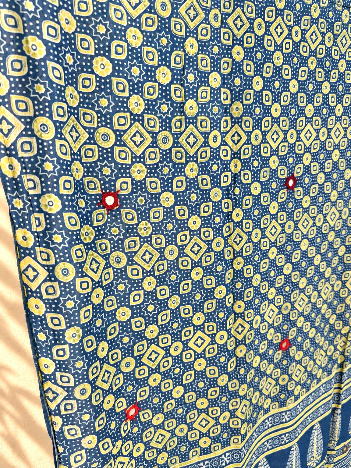 Rangrez🔅Ajrakh Mulmul Cotton Dupattas with Embroidery ~ Teal Blue w/ Grunge Texture