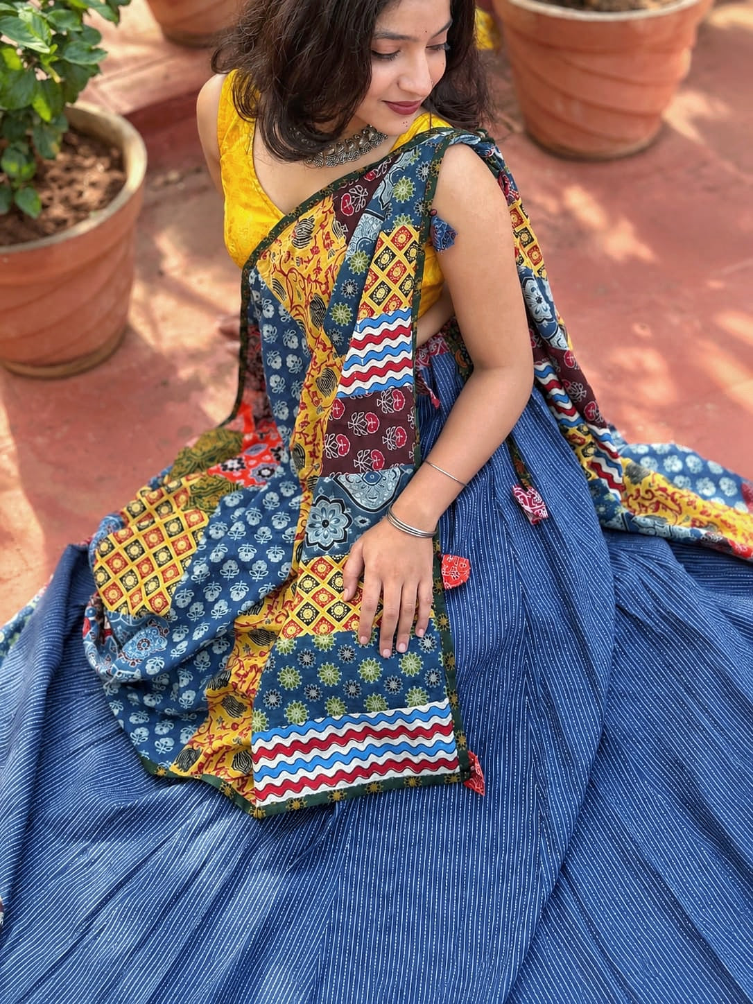 ✨Navrang ~ Ajrakh Long Skirt & Dupatta Set ~ Navy Blue w/ Multicolored Dupatta