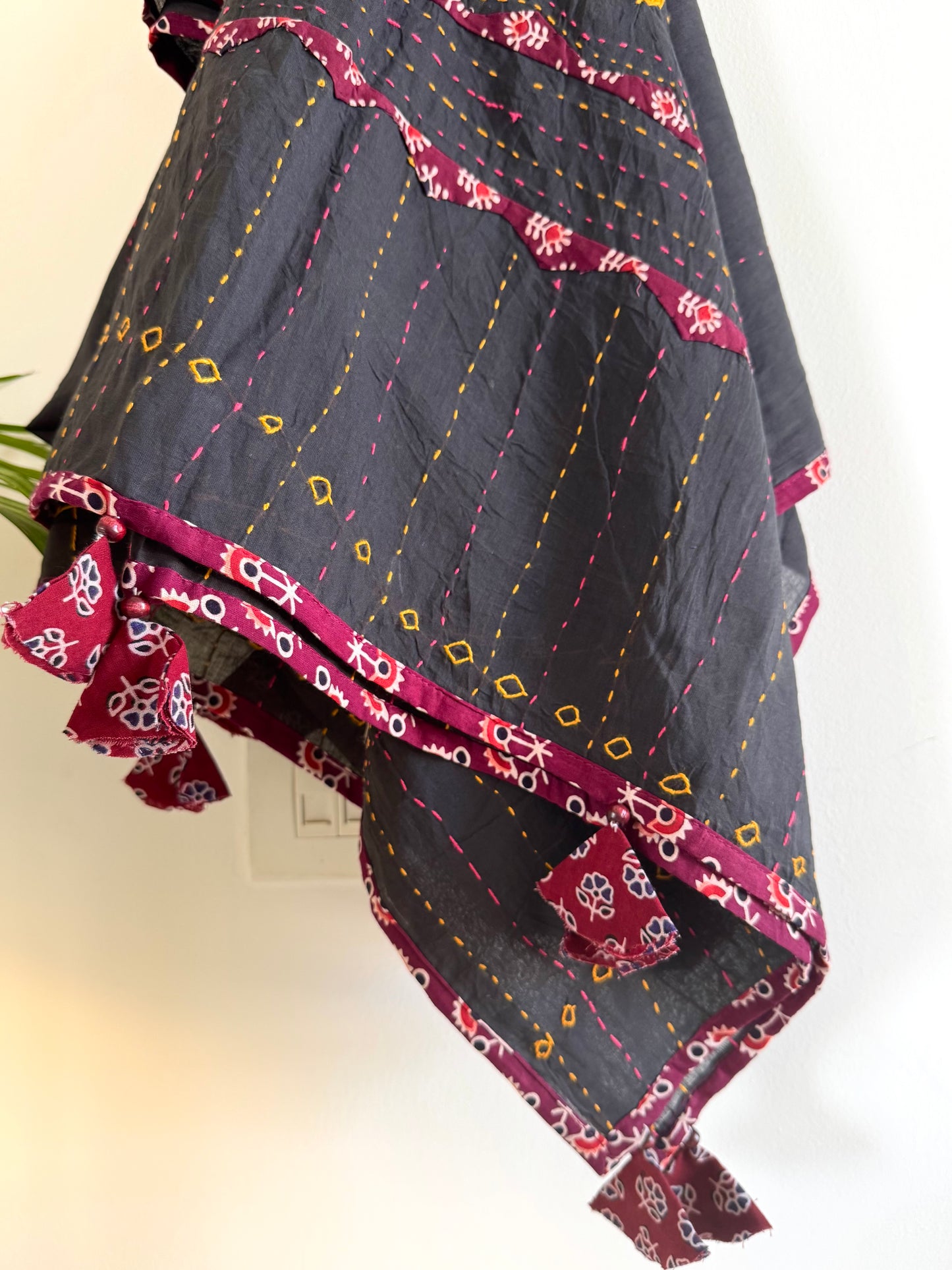 Ajrakh Applique & Kantha Embroidered Dupatta ~ Black & Red