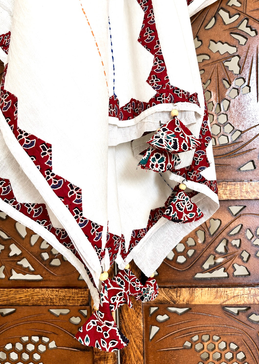 Ajrakh Applique & Kantha Embroidered ~ Red & Blue Phool Dupatta