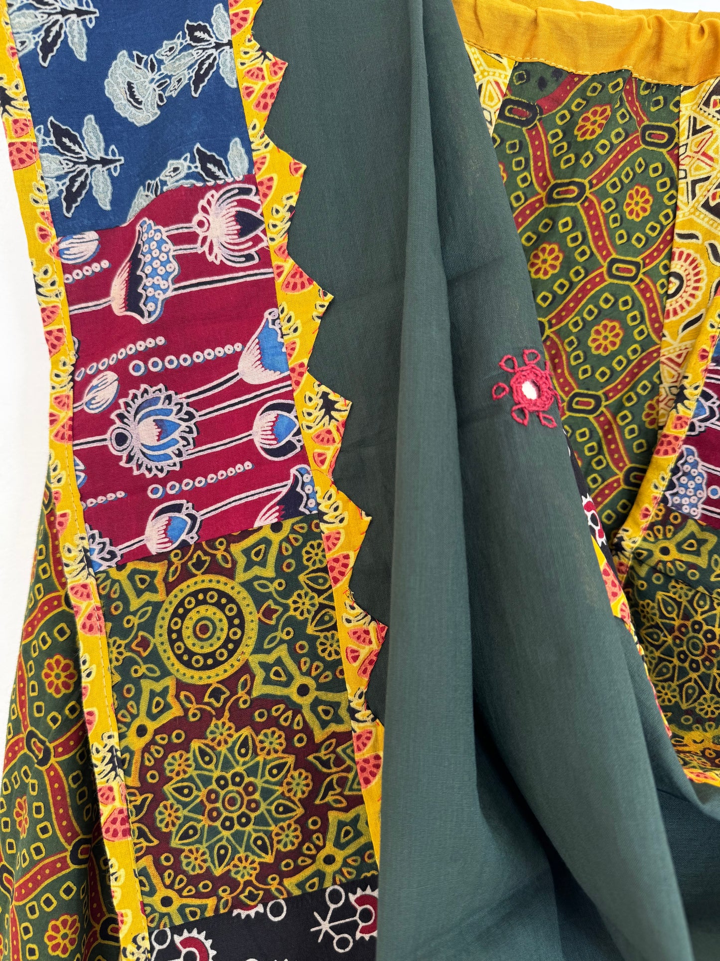 ✨Garba nu Ghoomie ~ Ajrakh Lehenga and Dupatta Set ~ Yellow Strips w/ Olive Green Dupatta