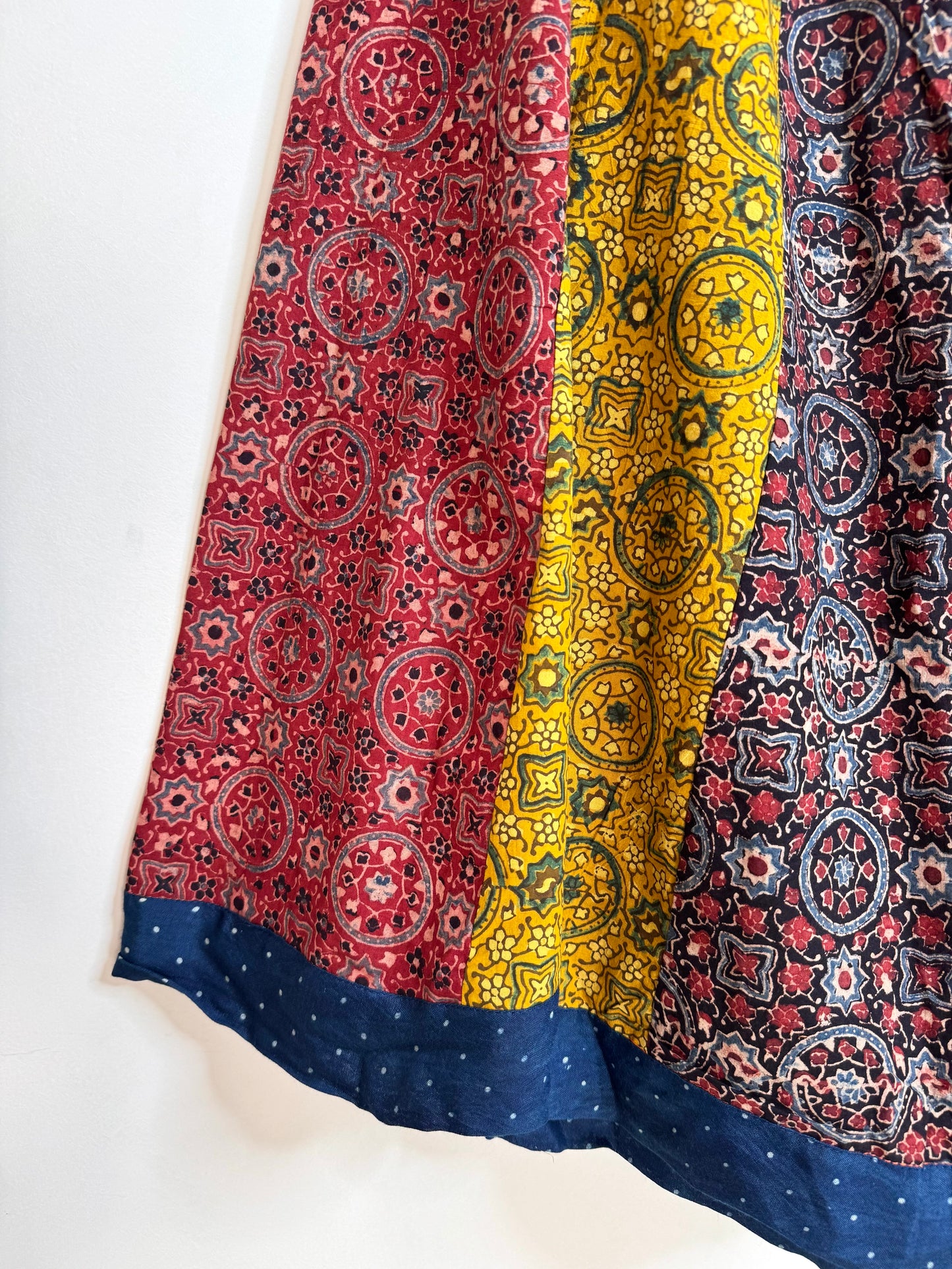 🌻Navrang ~ Ajrakh Handcrafted Lehengas ~ Multicolor Pleads w/ blue polka border