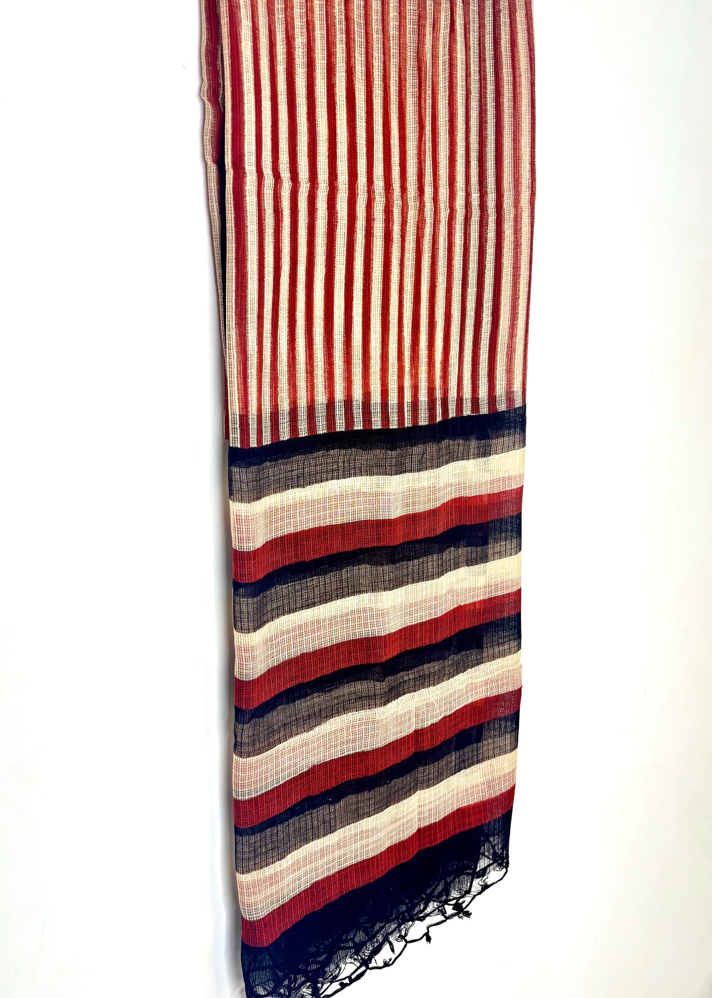 Kota Doria Bagru Handblock Dupatta ~ Black w/ Red lines