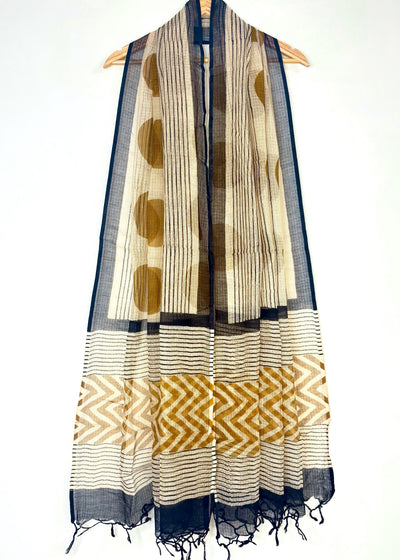 Kota Doria Bagru Handblock Dupatta ~ Black w/ Sand Brown circles