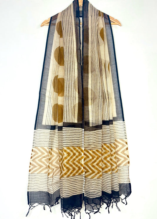 Kota Doria Bagru Handblock Dupatta ~ Black w/ Sand Brown circles