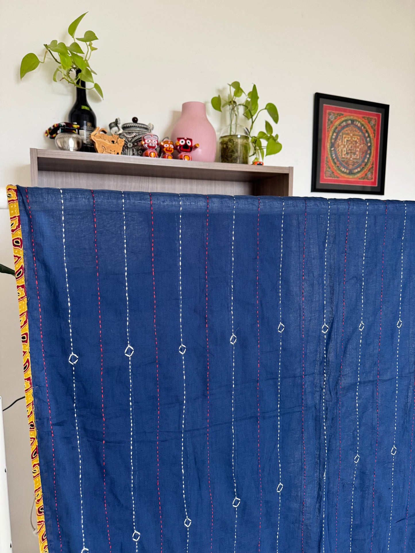 Ajrakh Applique & Kantha Embroidered Dupatta ~ Navy Blue with Multicolor Patch Work