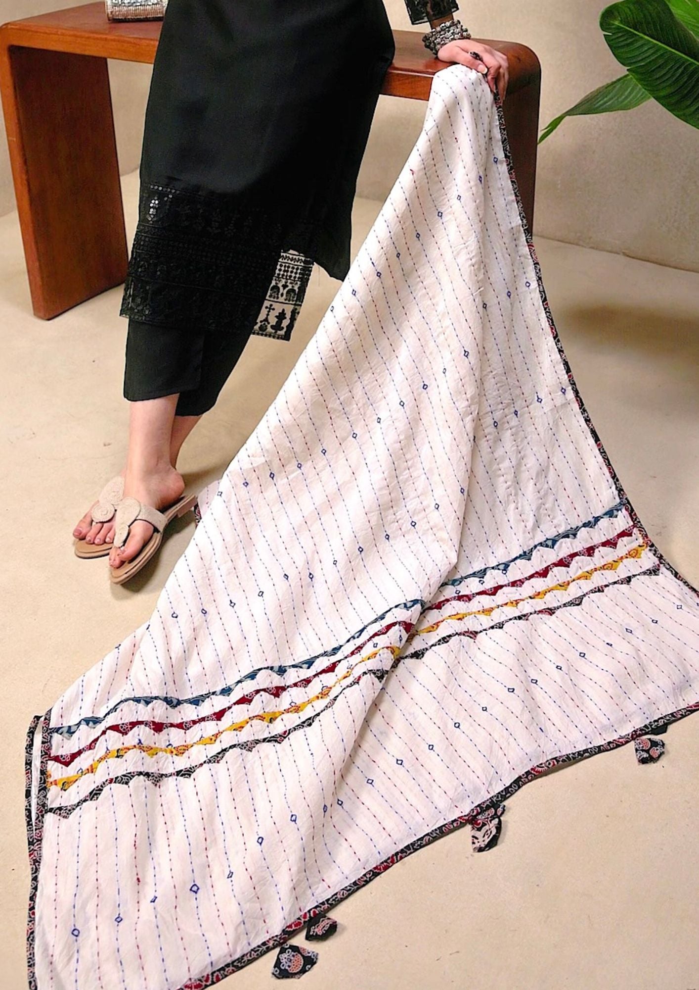 Ajrakh Applique & Kantha Embroidered Dupatta ~ White with Multicolor Patchwork