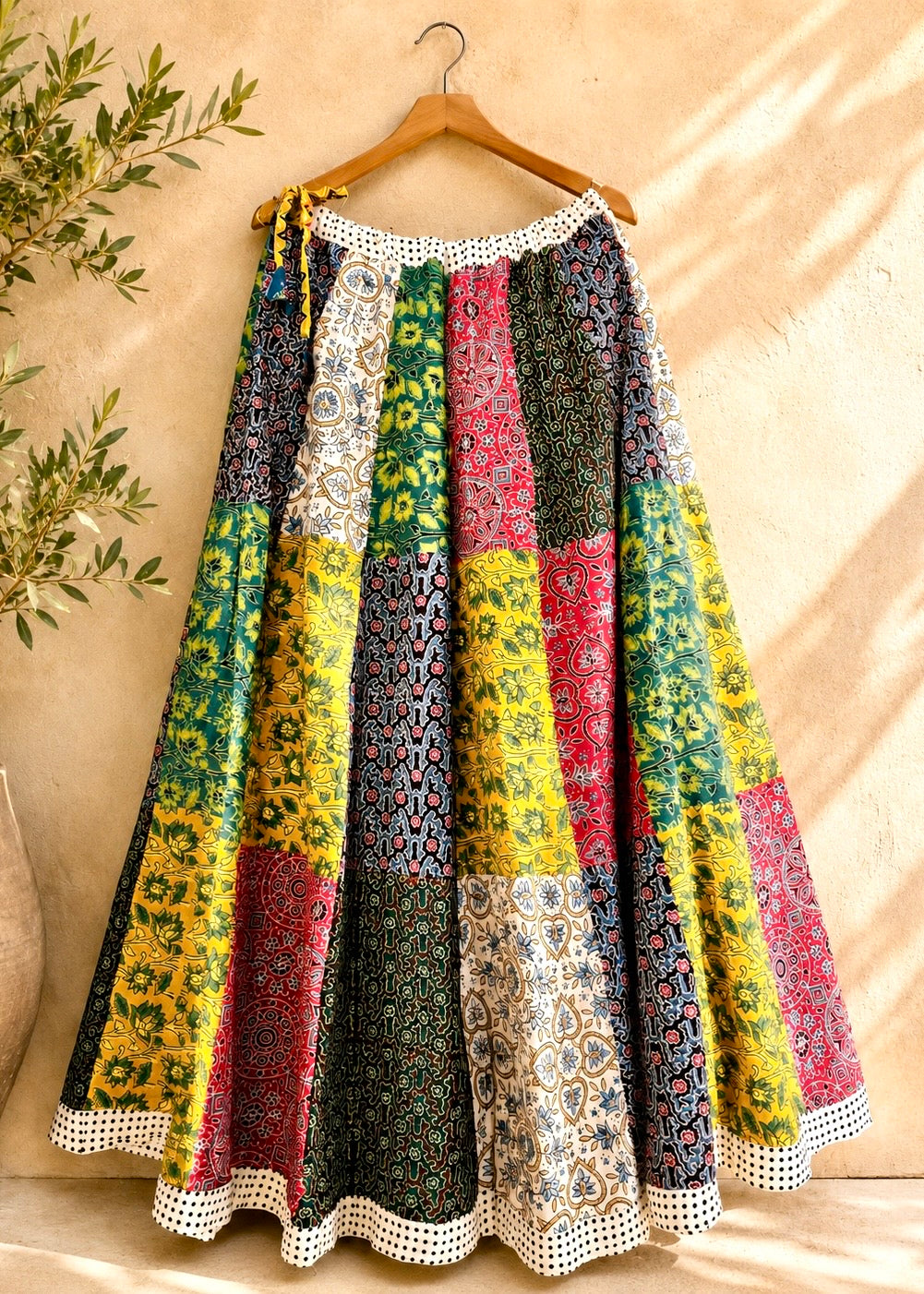 🌻Navrang ~ Ajrakh Skirt ~ Multicolor Chequered w/ white polka border