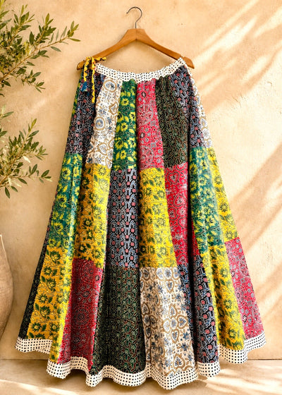 🌻Navrang ~ Ajrakh Skirt ~ Multicolor Chequered w/ white polka border