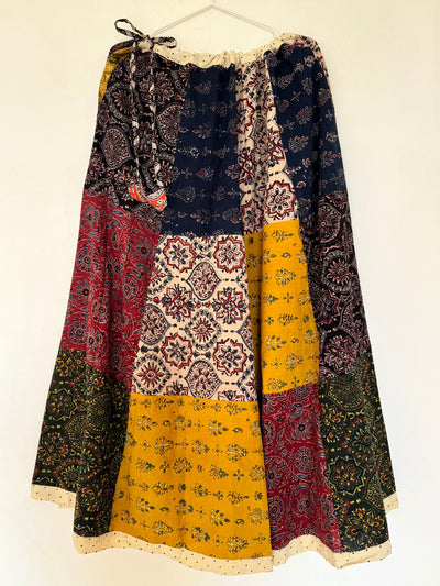🌻Navrang ~ Ajrakh Handcrafted Long Skirt ~ Multicolor w/ cream polka border