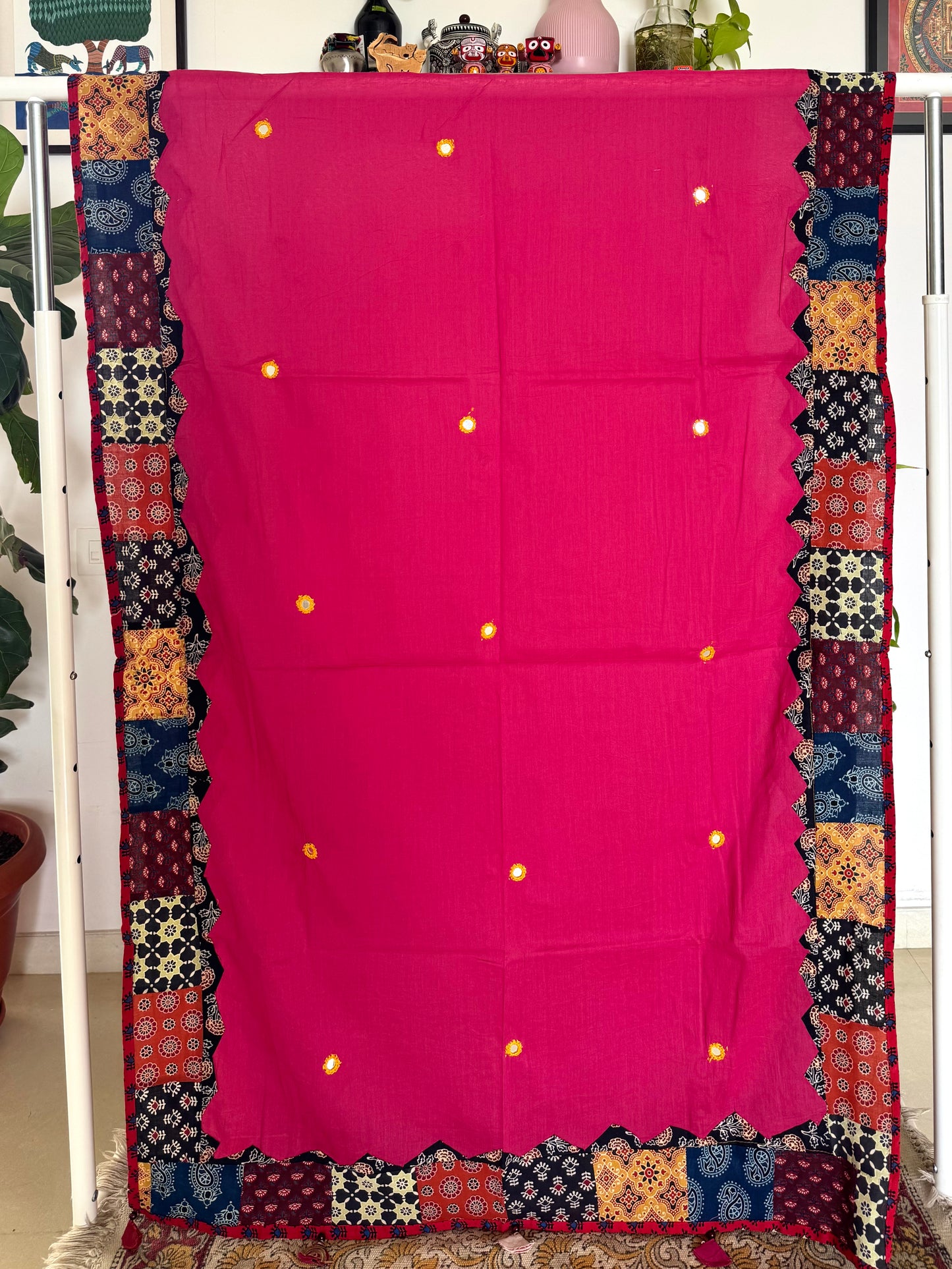 Ajrakh Applique & Kantha Embroidered Dupatta ~ Bright Pink