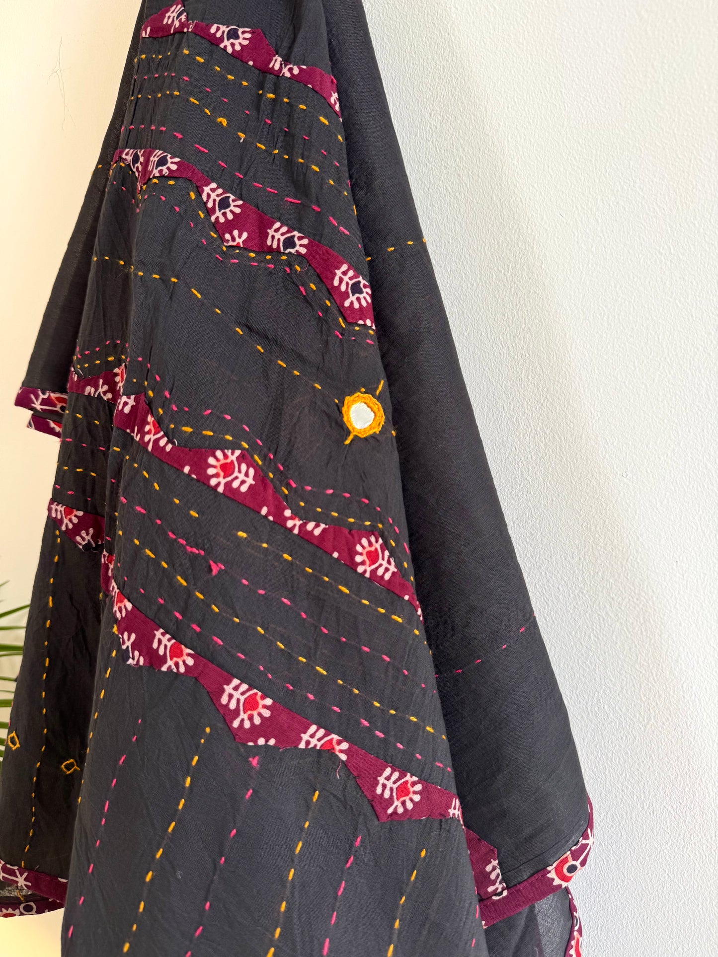 Ajrakh Applique & Kantha Embroidered Dupatta ~ Black & Red