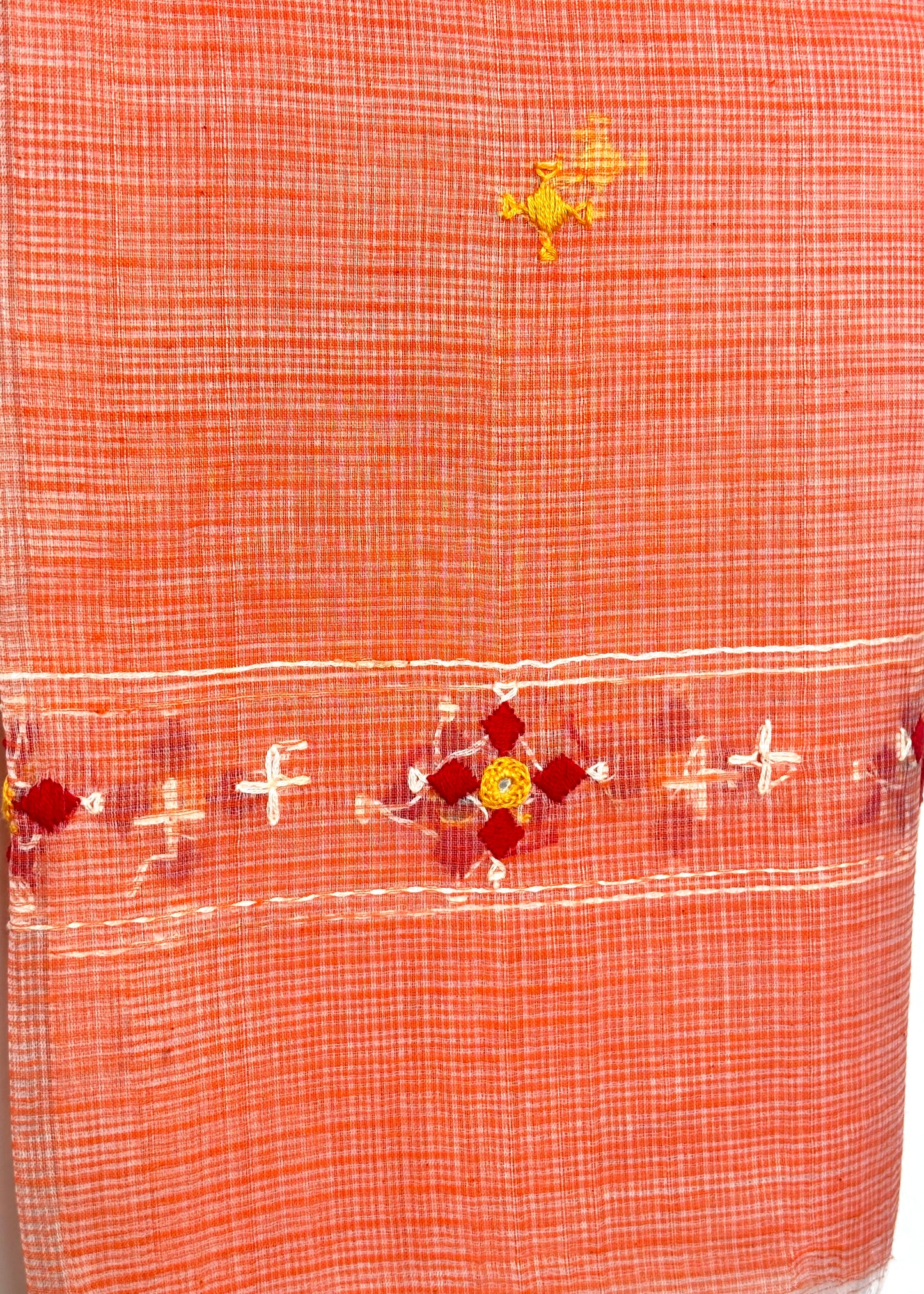Kota Doria Hand Embroidered Dupatta ~ Peach w/ red flowers
