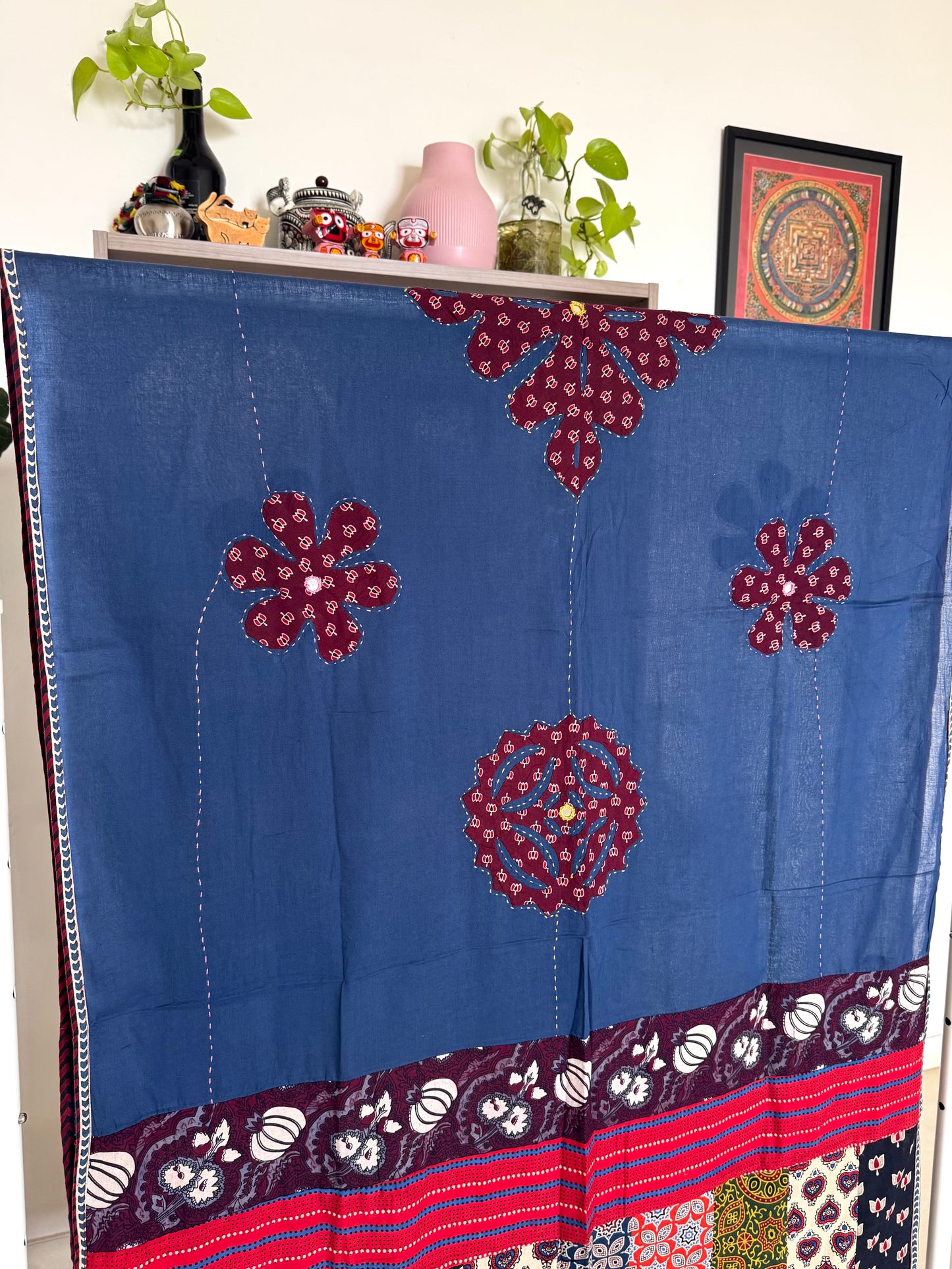 Ajrakh Applique & Kantha Embroidered Dupatta ~ Navy Blue with Burgundy Flowers