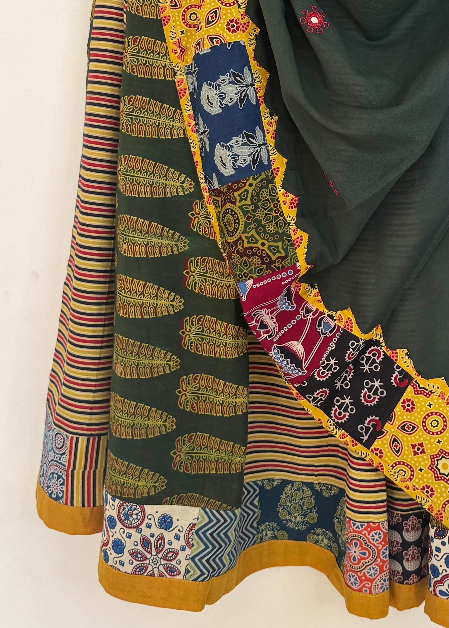 ✨Garba nu Ghoomie ~ Ajrakh Lehenga and Dupatta Set ~ Yellow and Olive Green Combo