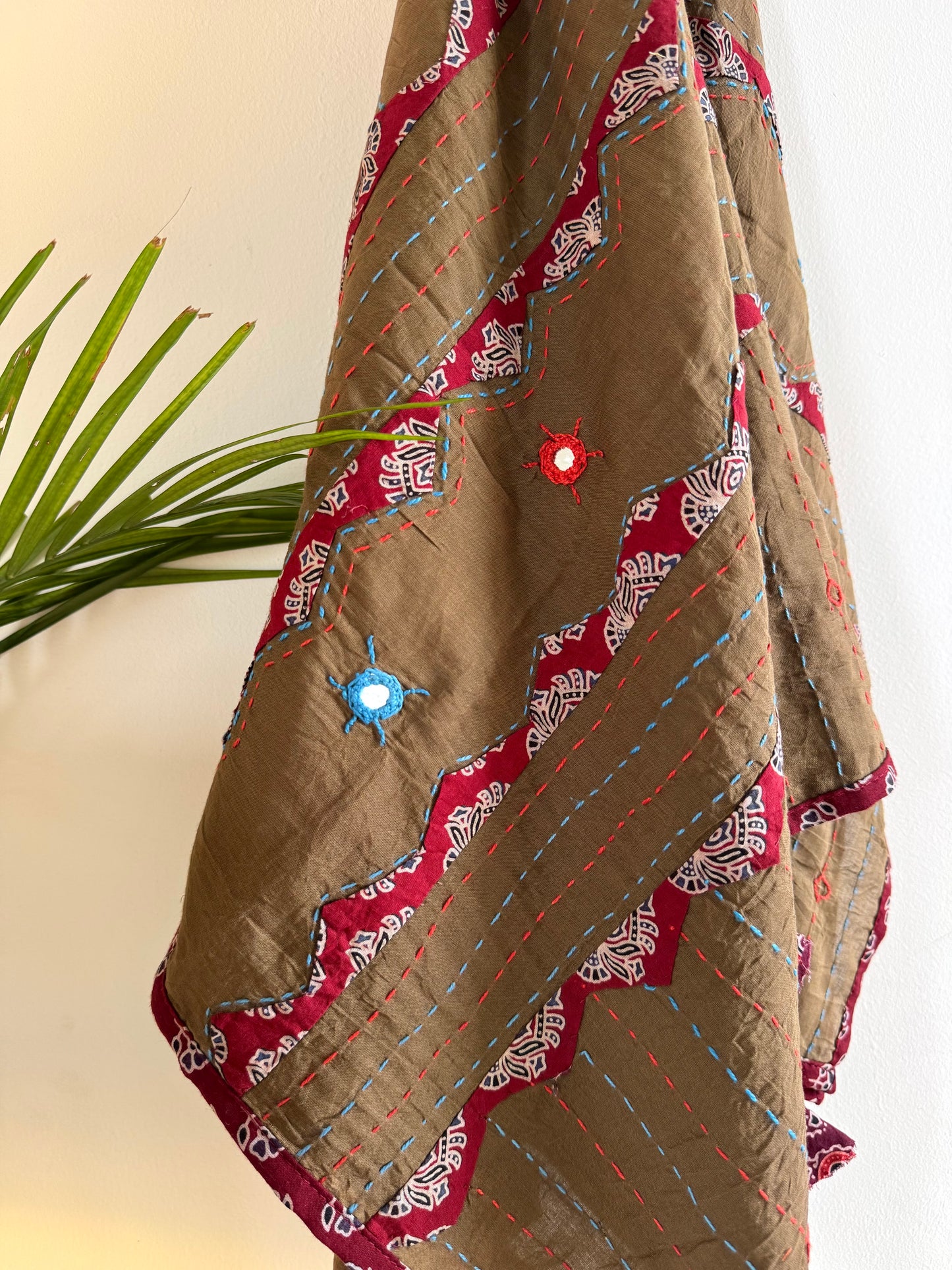 Ajrakh Applique & Kantha Embroidered Dupatta ~ Coco with Red Patchwork