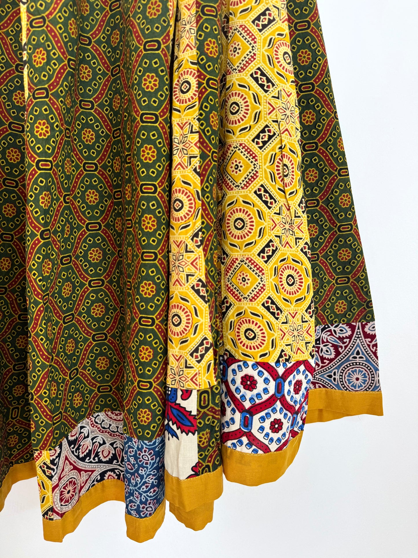 ✨Garba nu Ghoomie ~ Ajrakh Lehenga and Dupatta Set ~ Yellow Strips w/ Olive Green Dupatta