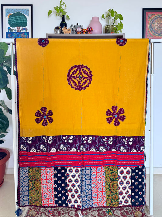 𓂃ོ⋆☀︎𓂃ᨒོ Ajrakh, Applique & Kantha Embroidered Dupatta ~ Yellow & Maroon𑁍ࠬ
