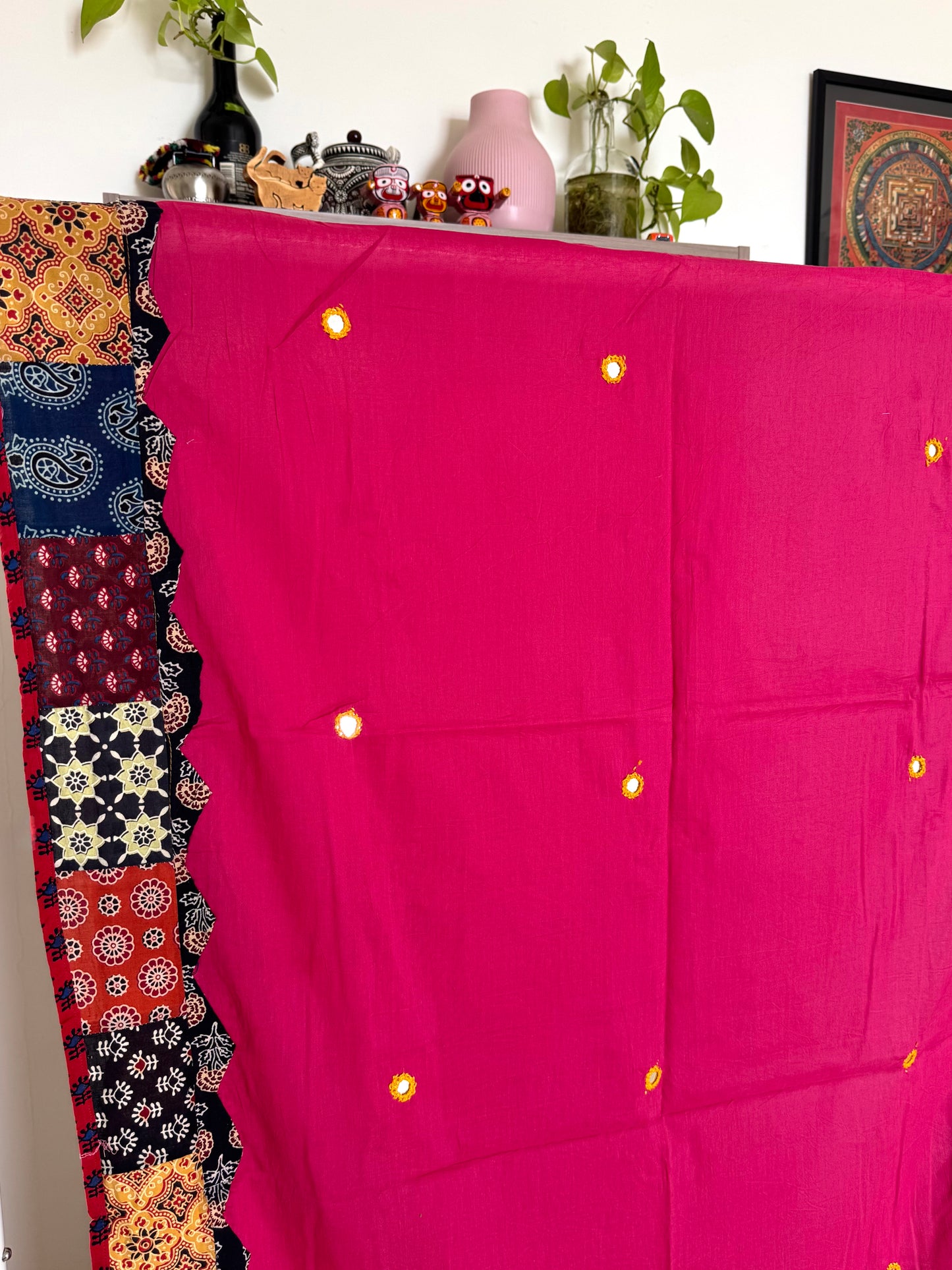 Ajrakh Applique & Kantha Embroidered Dupatta ~ Bright Pink