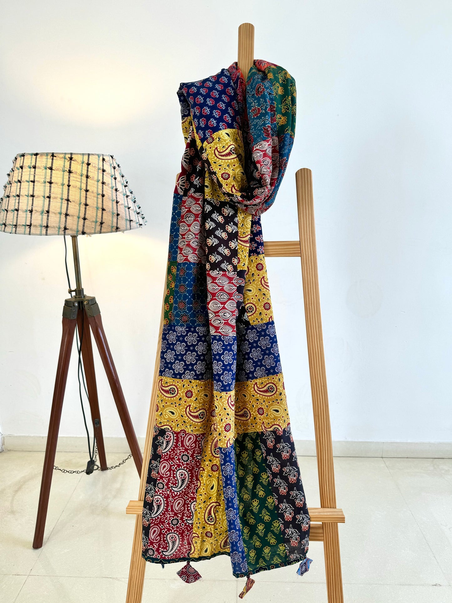 Ajrakh Applique & Kantha Embroidered Dupatta ~ Multicolored Chequered