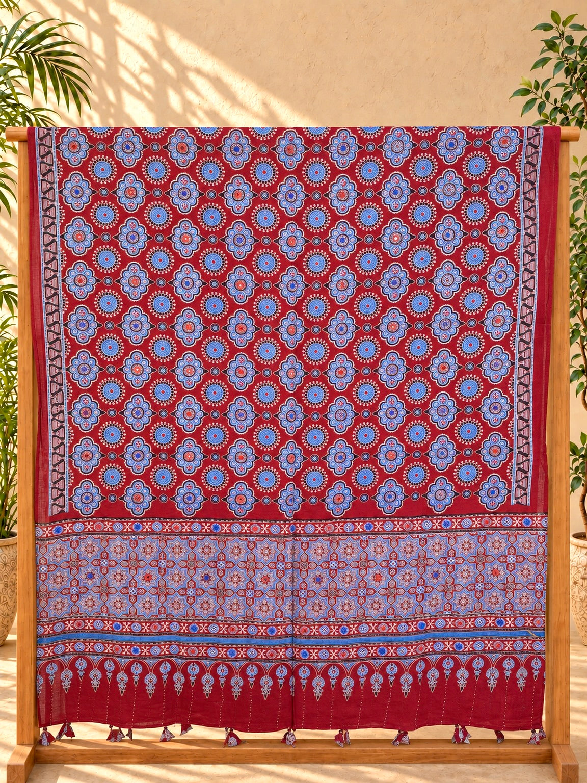 Rangrez🔅Ajrakh Mulmul Cotton Dupattas with Embroidery ~ Wine Red w/ metallic blue