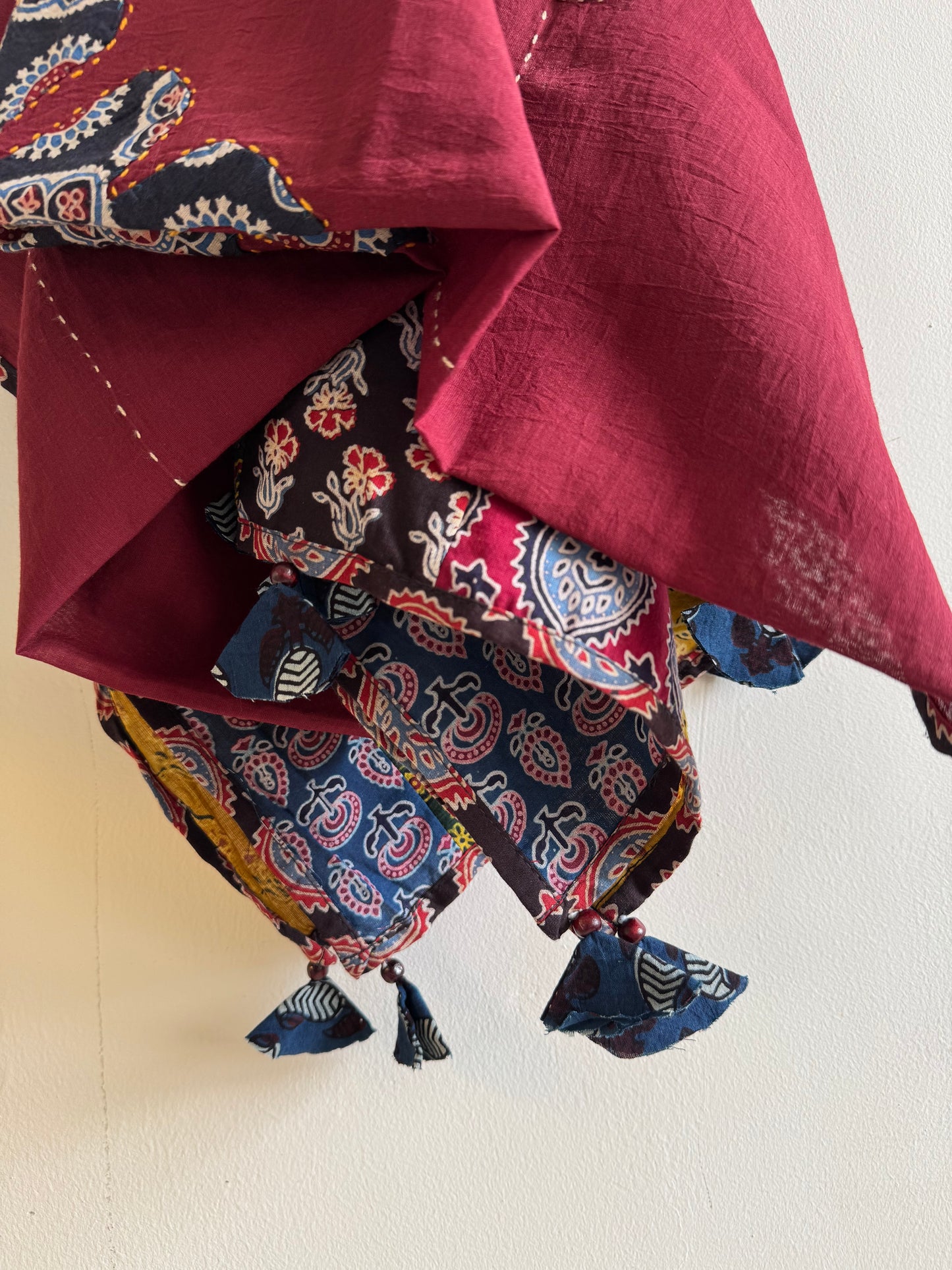 𓂃ོ⋆☀︎𓂃ᨒོ Ajrakh, Applique & Kantha Embroidered Dupatta ~ Burgundy Red w/ Black Flowers 𑁍ࠬ