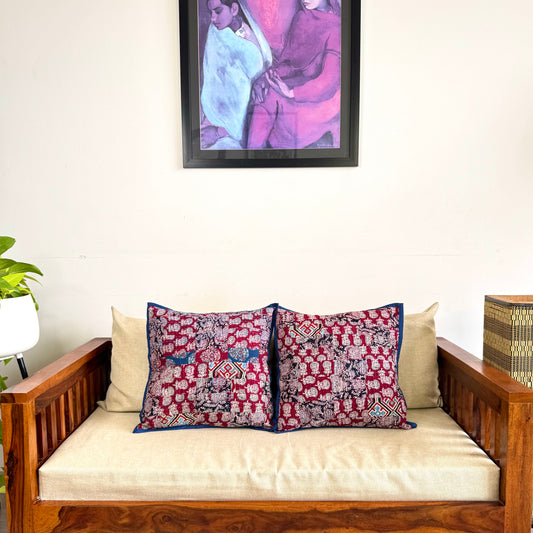 Ajrakh Cushion Covers ~ Red Marigold Motif ~ Set of 2