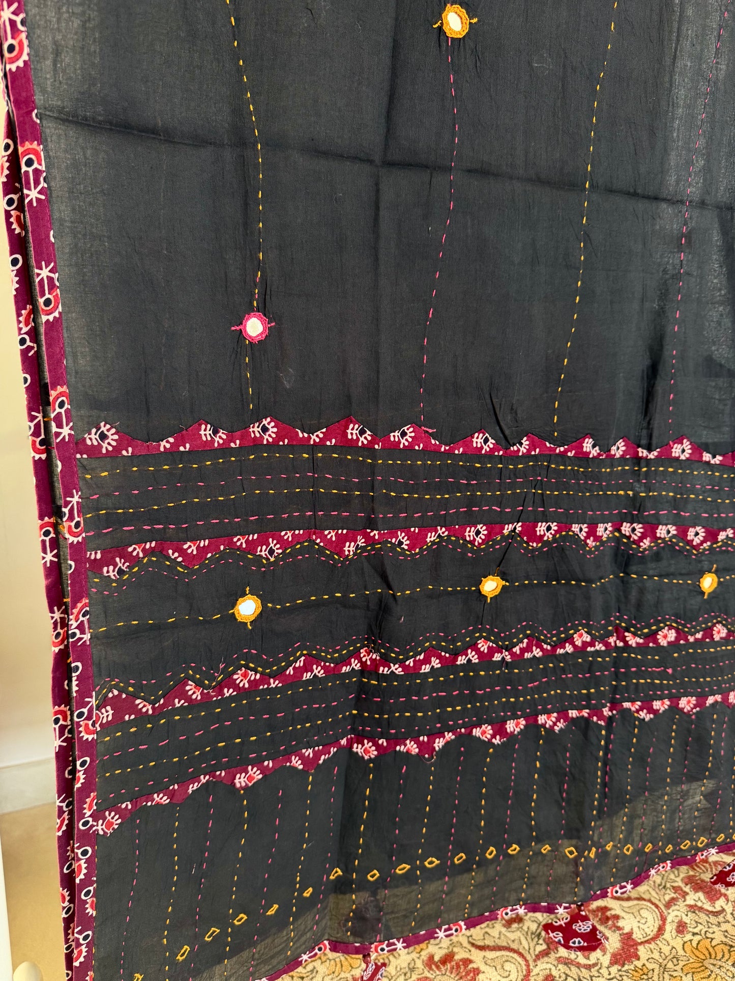 Ajrakh Applique & Kantha Embroidered Dupatta ~ Black & Red