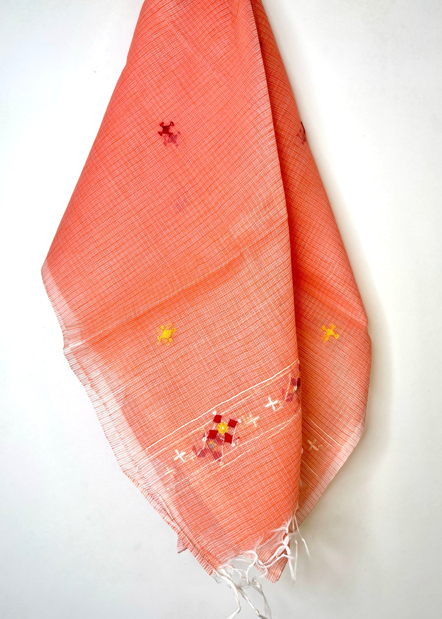 Kota Doria Hand Embroidered Dupatta ~ Peach w/ red flowers