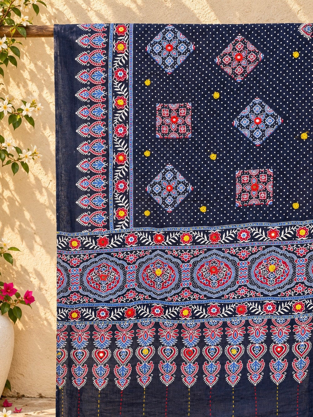 Rangrez🔅Ajrakh Mulmul Cotton Dupattas with Embroidery ~ Indigo Bloom