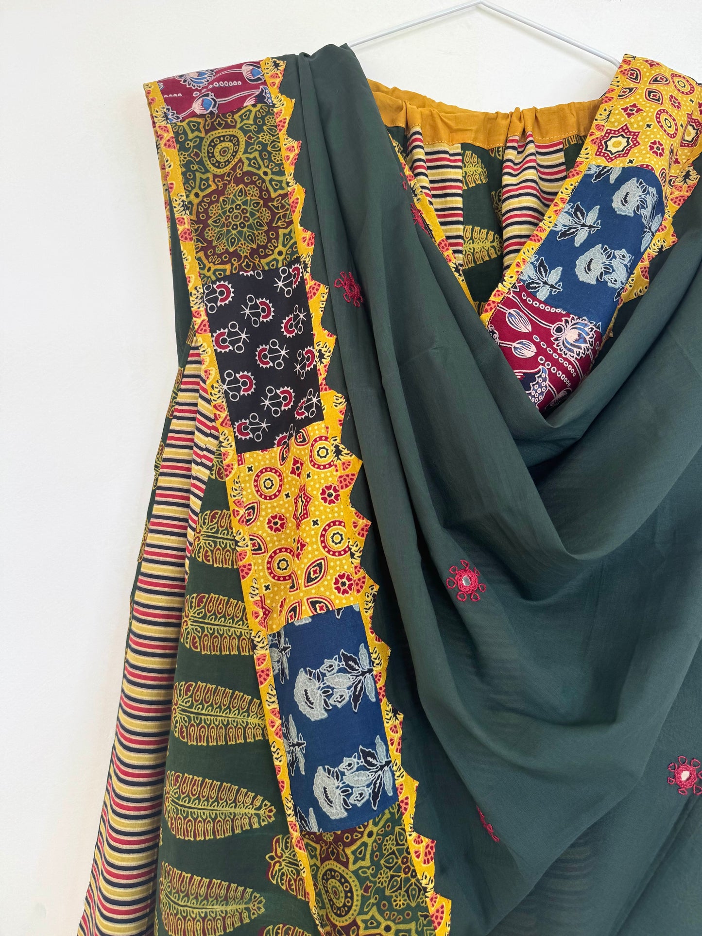 ✨Garba nu Ghoomie ~ Ajrakh Lehenga and Dupatta Set ~ Yellow and Olive Green Combo
