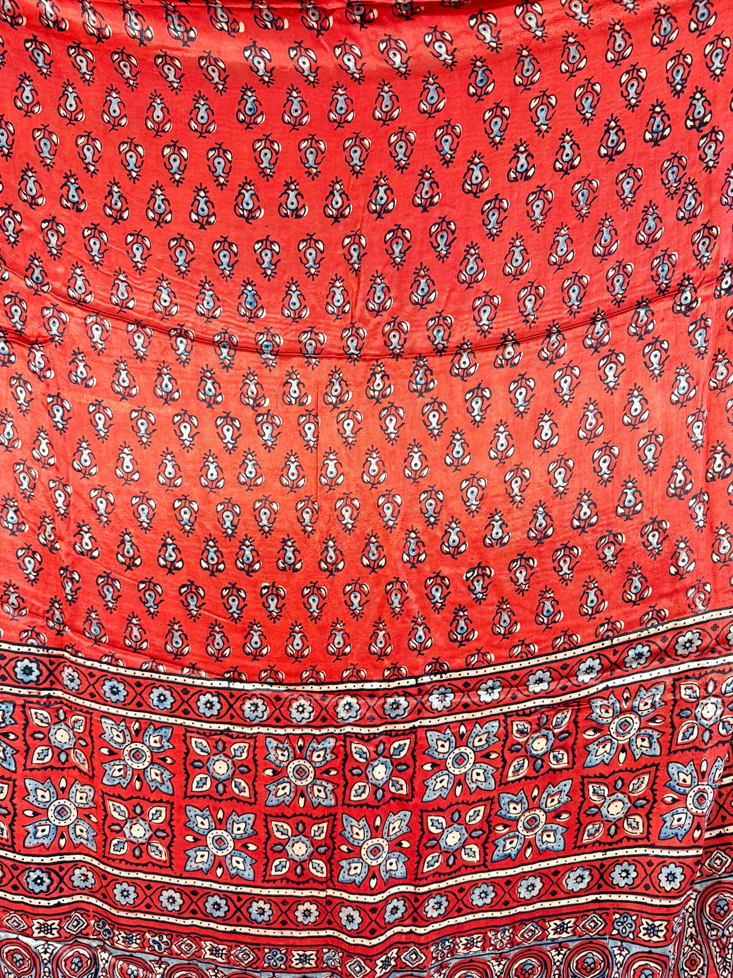 Modal Silk Ajrakh Dupatta ~ Brick Red Tulip Motif w/ Zari