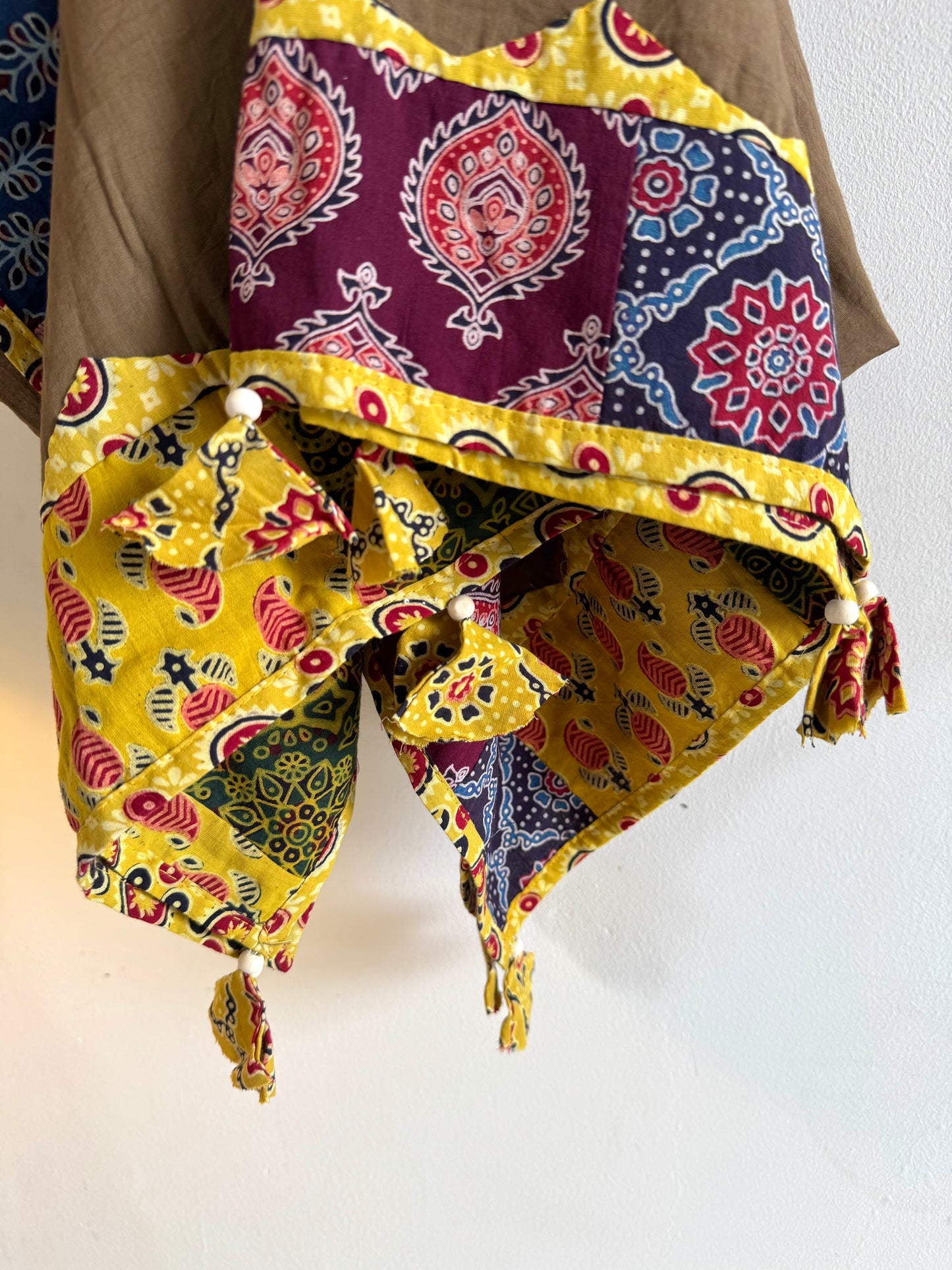 Ajrakh Applique & Kantha Embroidered Dupatta ~ Coco Brown w/ Yellow