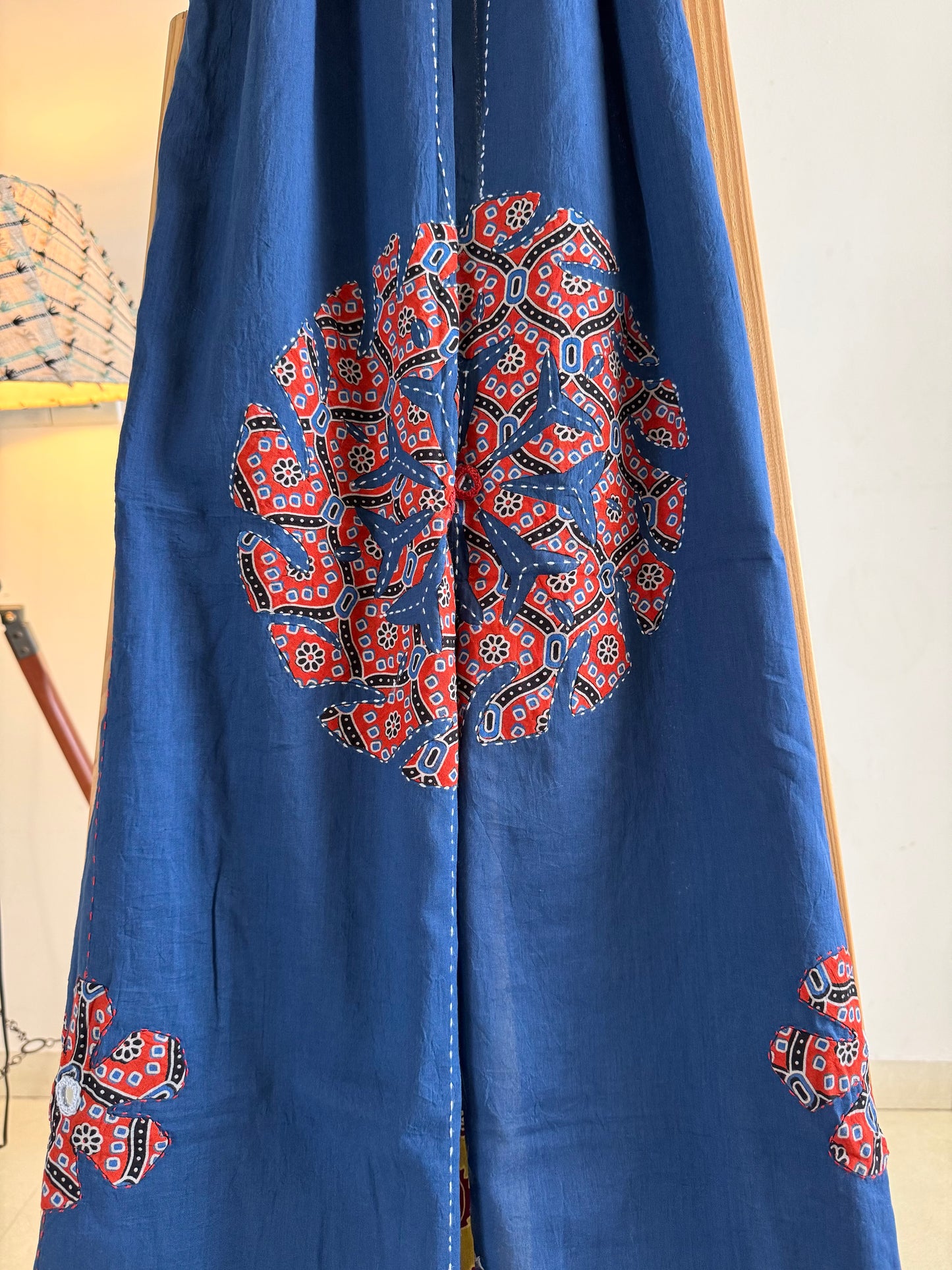 Ajrakh Applique & Kantha Embroidered Dupatta ~ Navy Blue w/ Orange Flowers