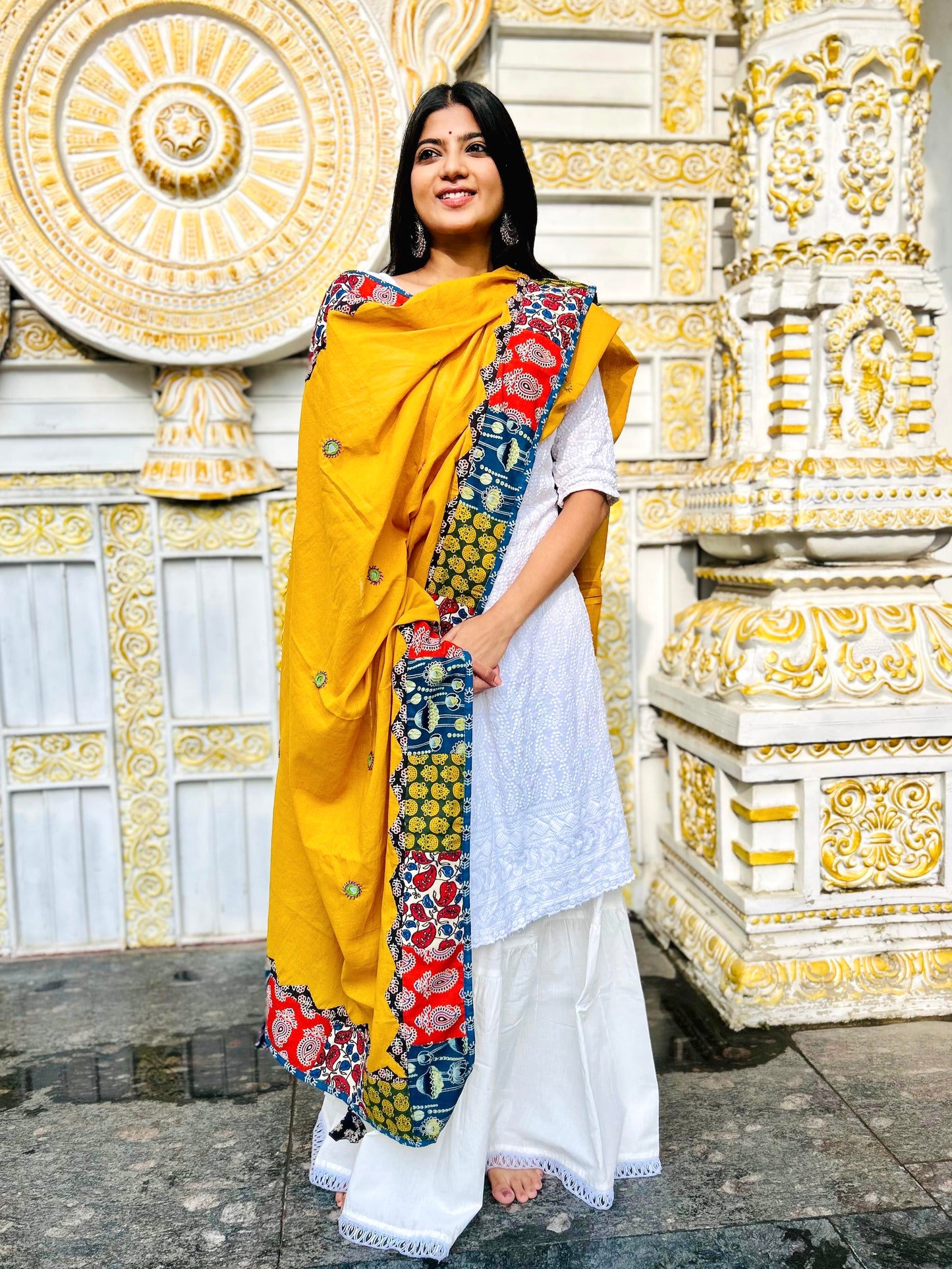 Ajrakh Applique & Kantha Embroidered Dupatta ~ Mustard Yellow