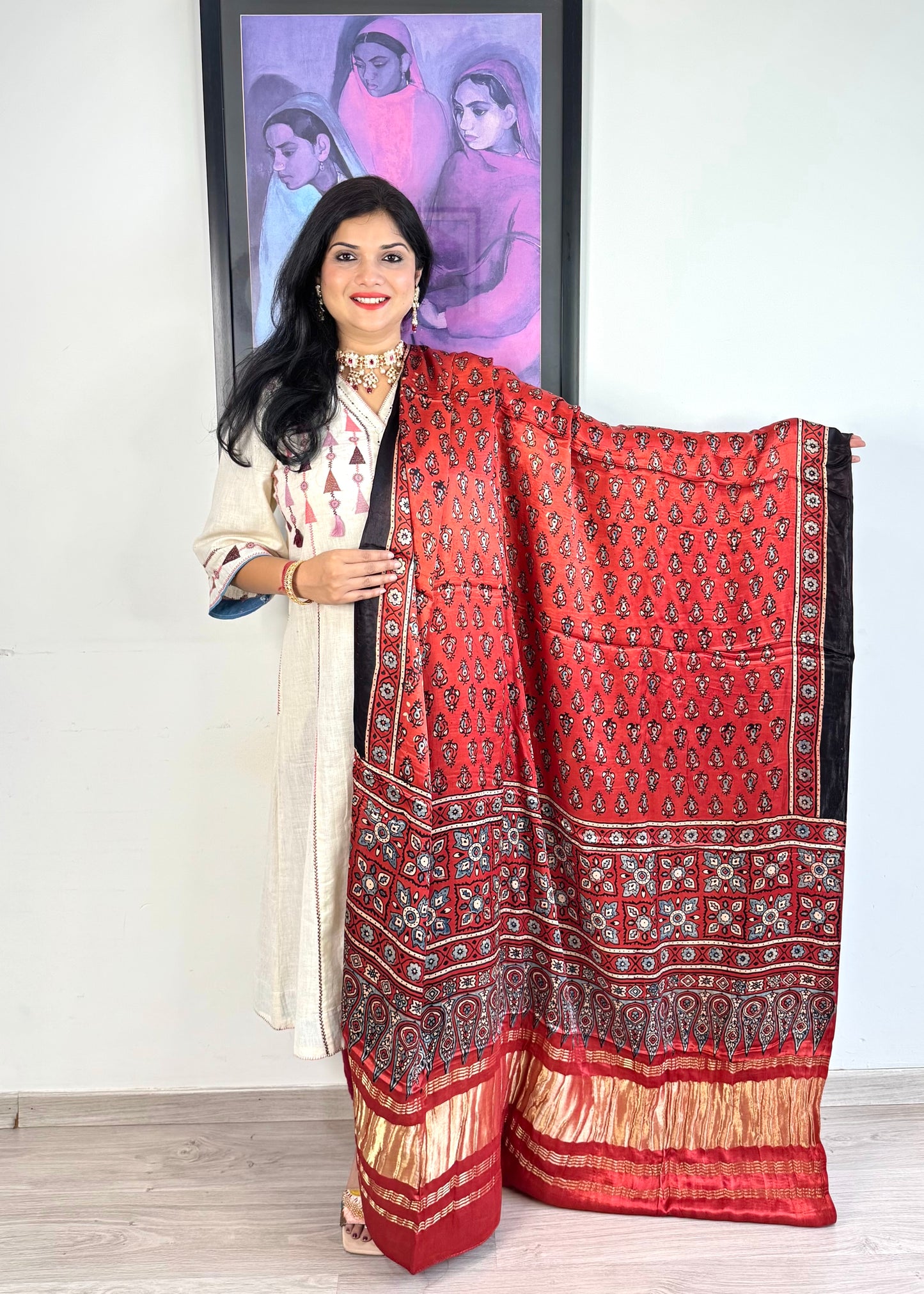 Modal Silk Ajrakh Dupatta ~ Brick Red Tulip Motif w/ Zari