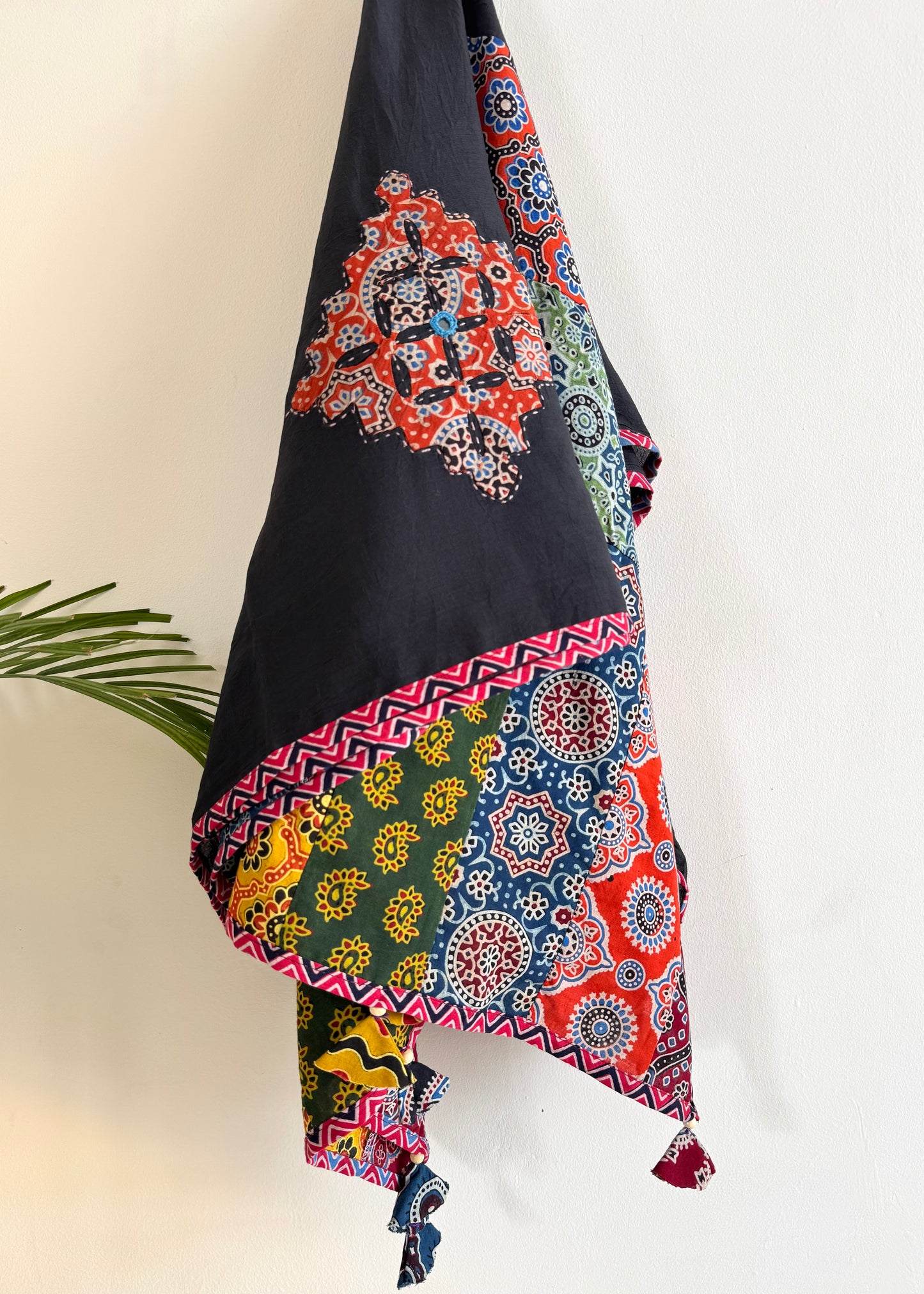 𓂃ོ⋆☀︎𓂃ᨒོ Ajrakh, Applique & Kantha Embroidered Dupatta ~ Black with Ruby Crystals𑁍ࠬ