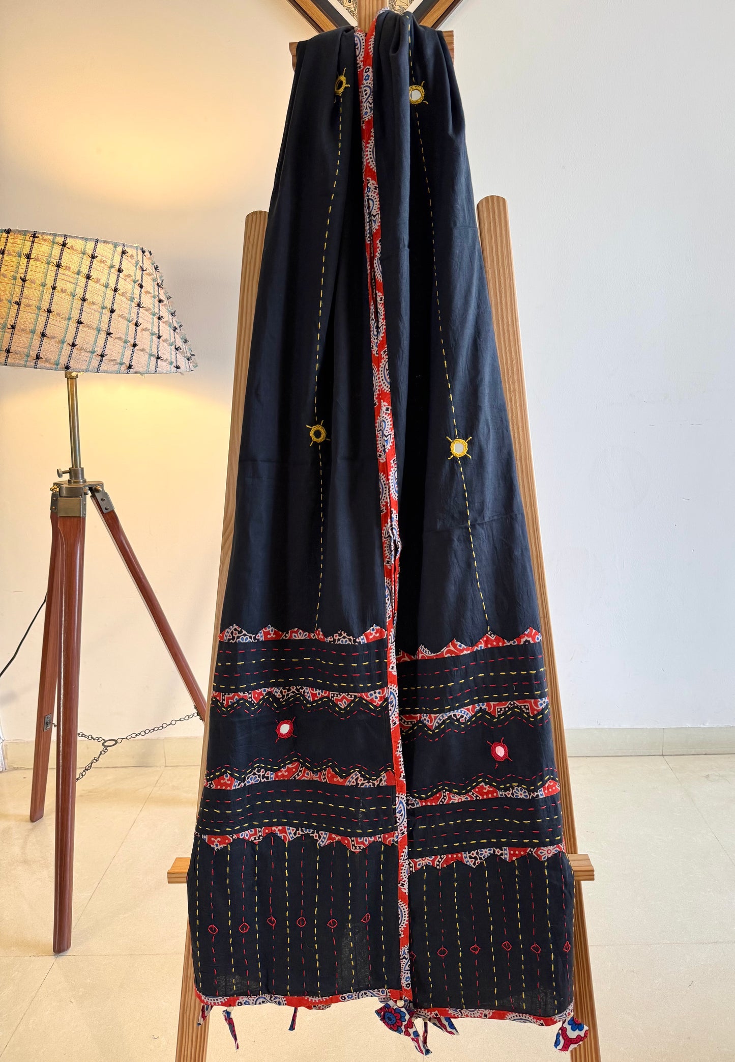 Ajrakh Applique & Kantha Embroidered Dupatta ~ Black with Orange Kantha Work