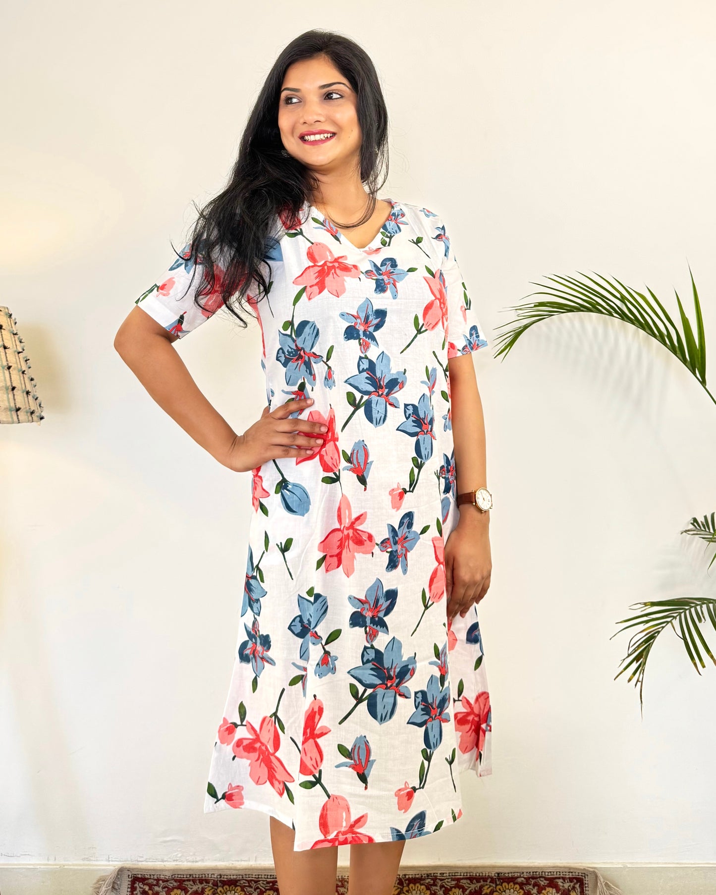Khushi ~ White & Pink Cotton Dress ~ Spring Lilies