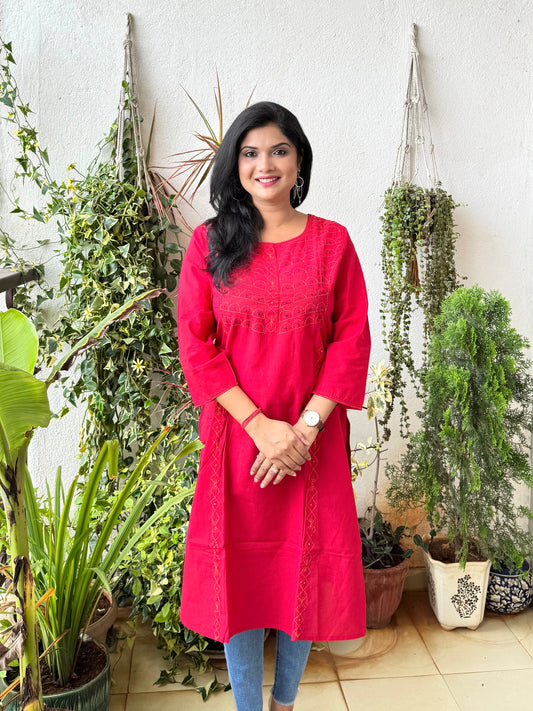 Masakali ~ Cotton Embroidered Kurti, Cherry Red 🍒